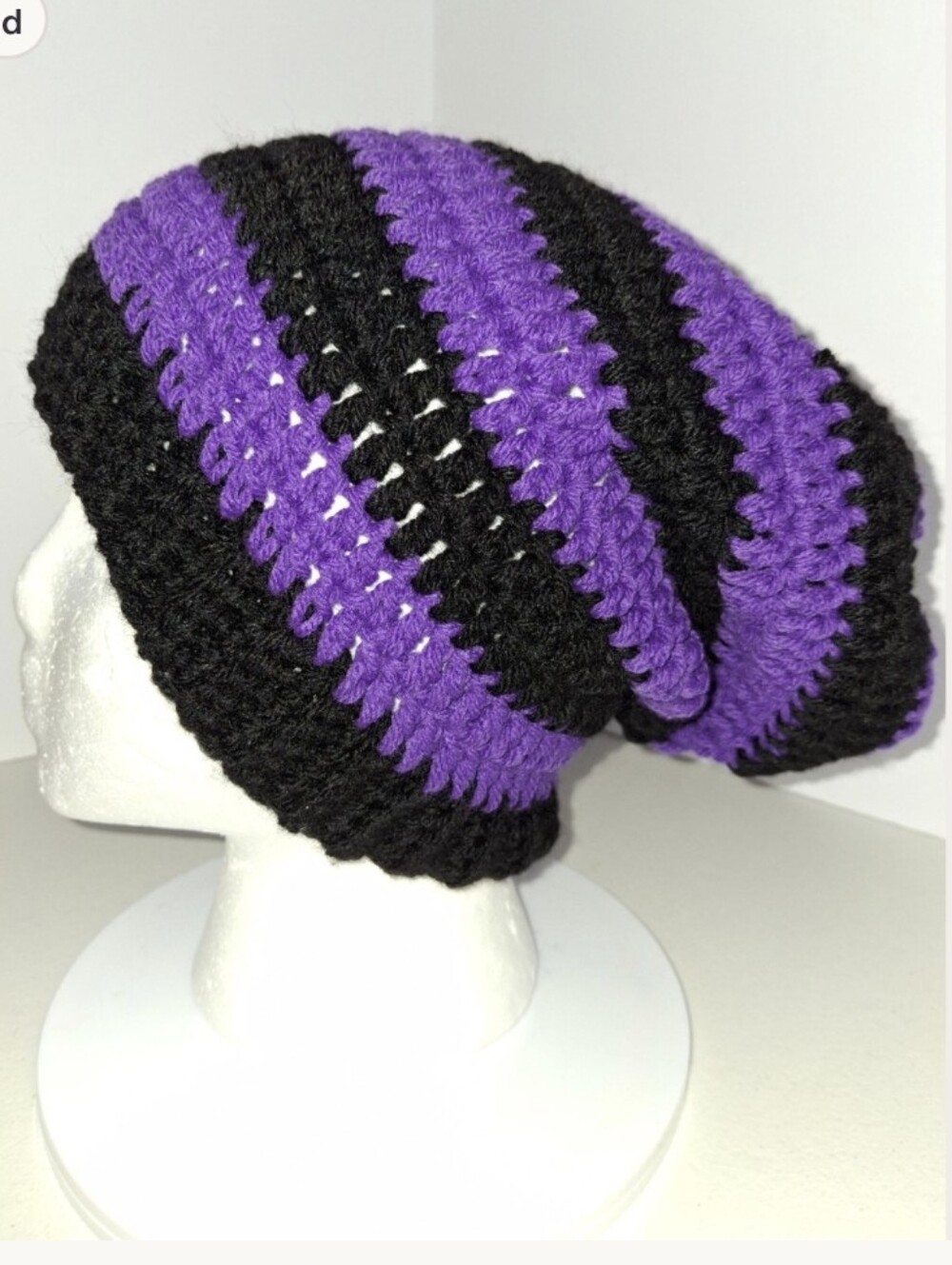 Beanie Slouchy Cap XL Black And Purple Striped Crocheted Handmade